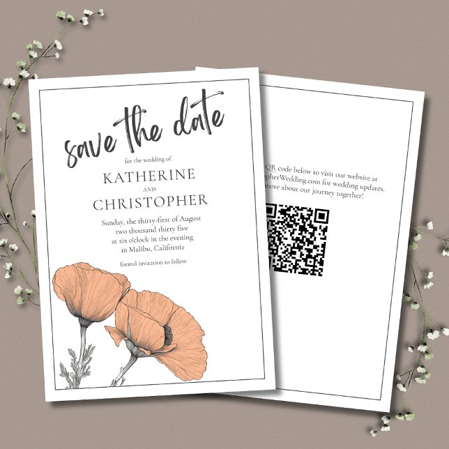 Peach Poppies Elegant Floral Wedding QR Code Save The Date (Peach Poppies Save theDate cards coordinate with the Peach Poppies Elegant Wedding Invitation Suite.)