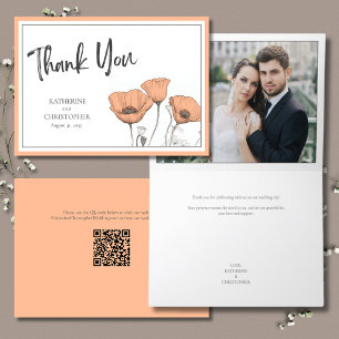 Peach Poppies Floral Elegant Wedding Photo Thank You Card