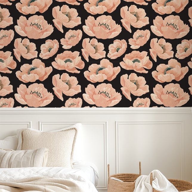 Peach Poppies On Black Elegant Floral Wallpaper (Creator Uploaded)