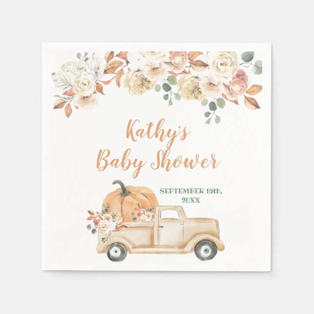 Peach Pumpkin Rustic Truck Baby Shower Napkins (Front)