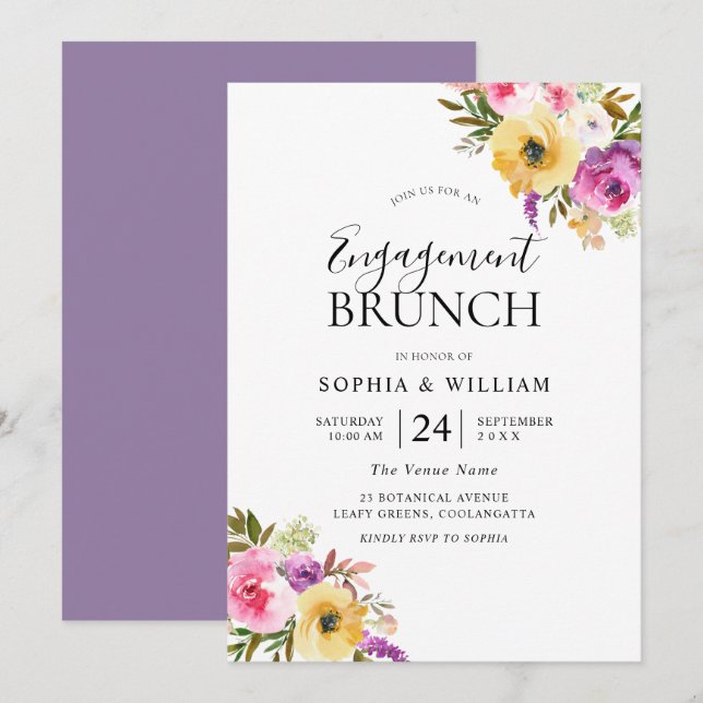 Peach Purple Blush Flowers Engagement Party Brunch Invitation (Front/Back)