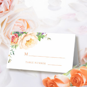 Peach Purple Cream Watercolor Floral Monogram  Place Card