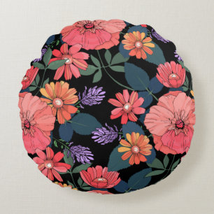 Peach & Purple Flower Print Round Pillow