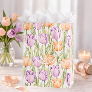 Peach Purple Tulip Pattern Elegant Spring Floral Medium Gift Bag