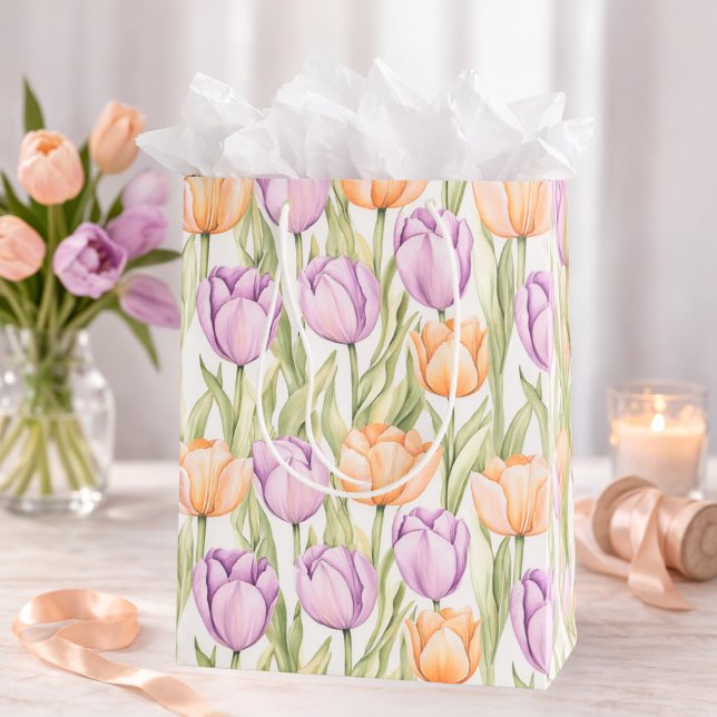 Peach Purple Tulip Pattern Elegant Spring Floral Medium Gift Bag (Creator Uploaded)