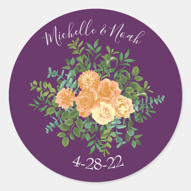 Peach Purple Wedding Floral Roses Classic Round Sticker (Front)