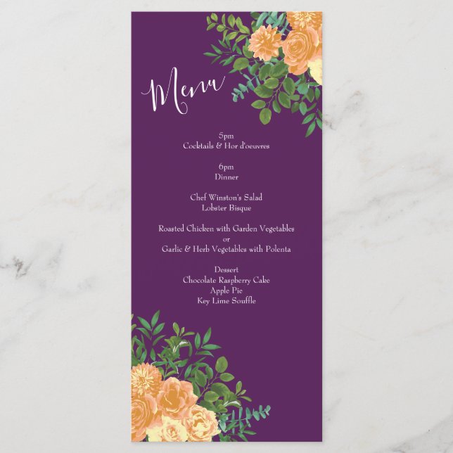 Peach Purple Wedding Floral Roses Menu (Front)