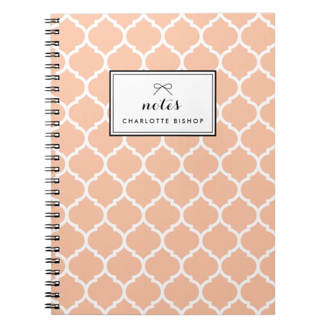 Peach Quatrefoil Pattern Personalized Notebook (Front)