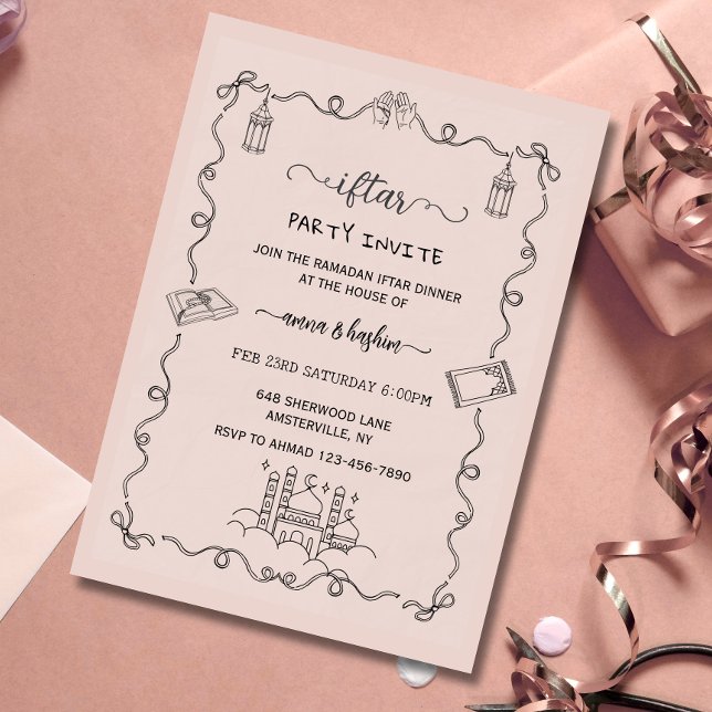 Peach Ramadan Bow doodle ramadan iftar invitation (Créateur téléchargé)