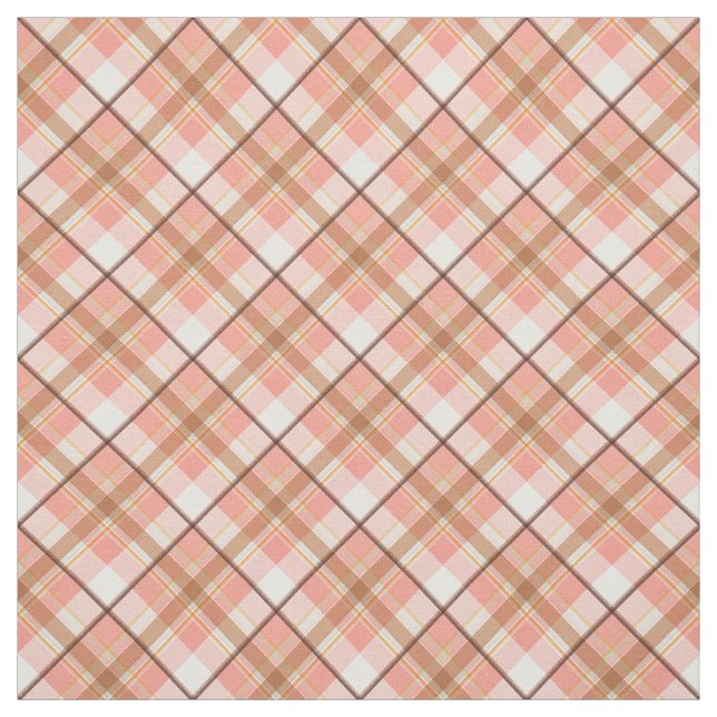 Peach Red Coral White Brown Plaid Pattern Fabric (Swatch)