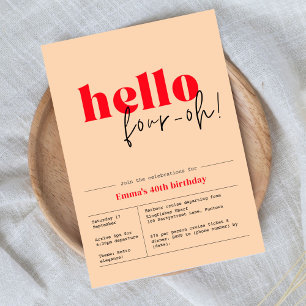 Peach & Red minimalist "hello, four-oh!" 40th bday Invitation
