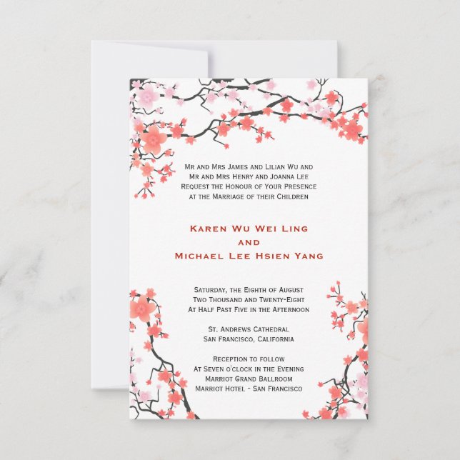 Peach Red & Pink Cherry Blossoms Oriental Wedding Invitation (Front)