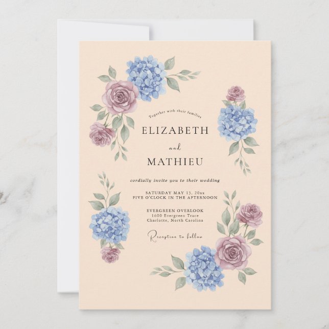 Peach Refined Hydrangea Spring Wedding Invitation (Front)