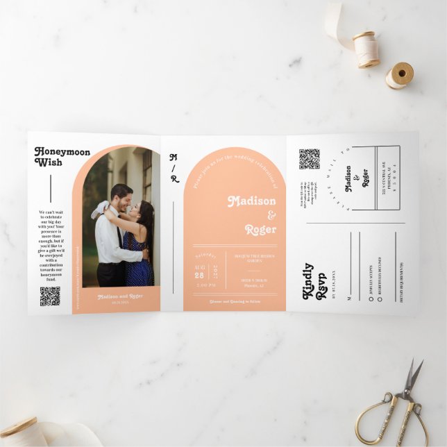 Peach Retro Boho Arch Photo QR Code Wedding Tri-Fold Invitation (Inside)