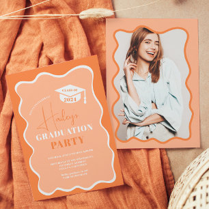 Peach retro wavy frame photo graduation invitation