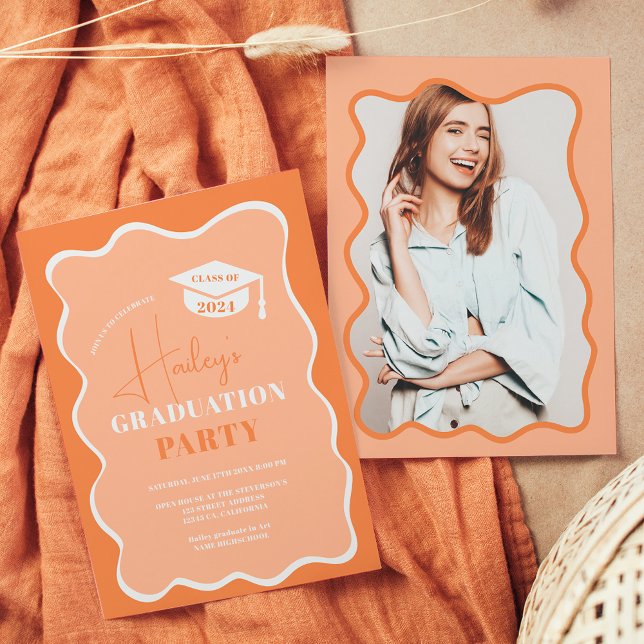 Peach retro wavy frame photo graduation invitation (Peach retro wavy frame photo graduation invitation)