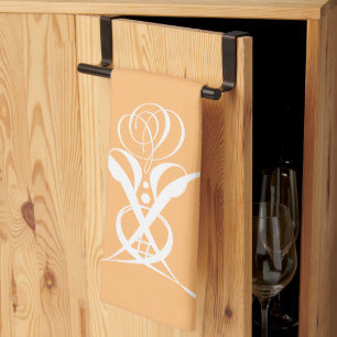 Peach Retro White Flourish Rose Kitchen Towel