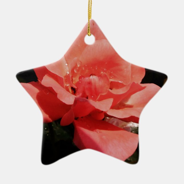 peach rose and dewdrops ceramic ornament (Front)