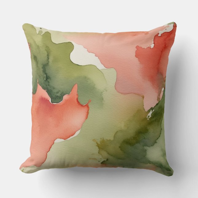 Peach, Rose and Green Watercolor texture Throw Pillow (Front)