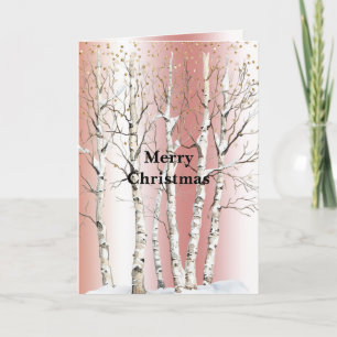 Peach Rose Birch Trees Gold Glitter Christmas Card