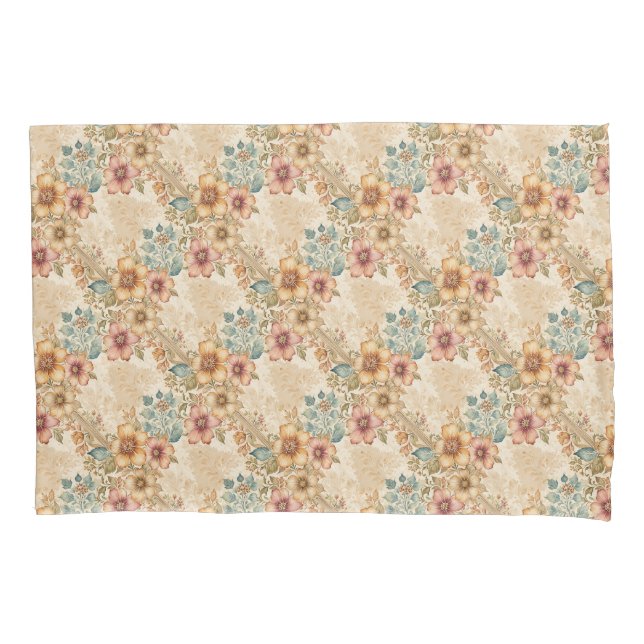 Peach, Rose, Blue Floral Lattice Pillowcase (Front)