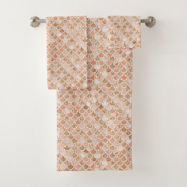 Peach Rose Blush Gold Glitter Mermaid            Bath Towel Set (Insitu)