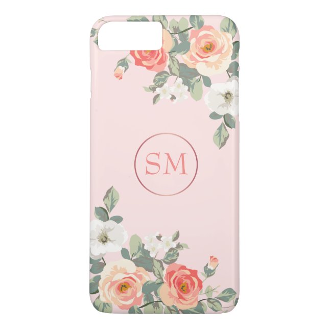 Peach Rose Blush Pink Floral Monogram Case-Mate iPhone Case (Back)