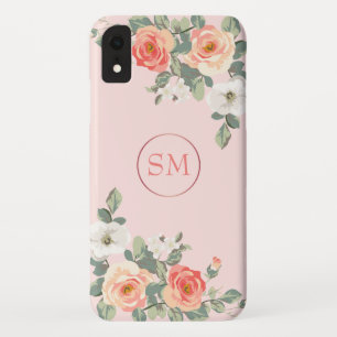 Peach Rose Blush Pink Floral Monogram iPhone XR Case