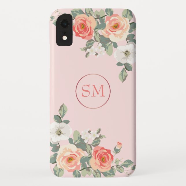 Peach Rose Blush Pink Floral Monogram Case-Mate iPhone Case (Back)