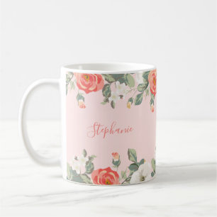 Peach Rose Blush Pink Floral Personalized Coffee Mug