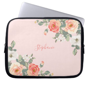 Peach Rose Blush Pink Floral Personalized Laptop Sleeve