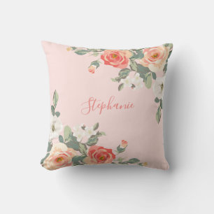 Peach Rose Blush Pink Floral Personalized Throw Pillow