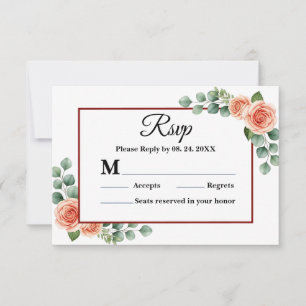 Peach Rose Burgundy Wedding RSVP Card