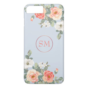 Peach Rose Dusty Blue Floral Monogram Case-Mate iPhone Case