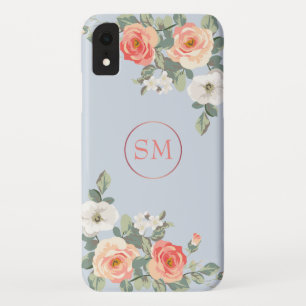 Peach Rose Dusty Blue Floral Monogram iPhone XR Case