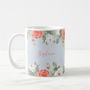 Peach Rose Dusty Blue Floral Personalized Coffee Mug