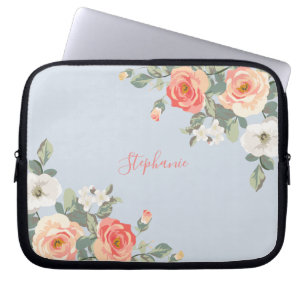 Peach Rose Dusty Blue Floral Personalized Laptop Sleeve