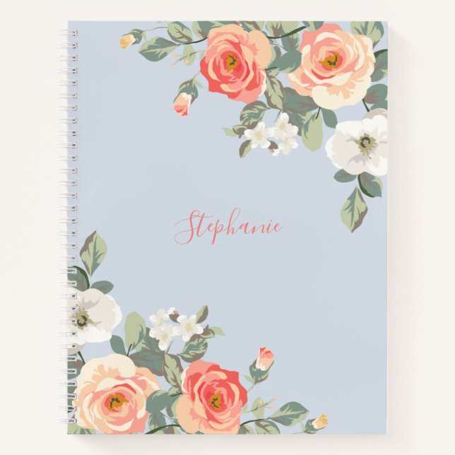 Peach Rose Dusty Blue Floral Personalized Notebook (Front)
