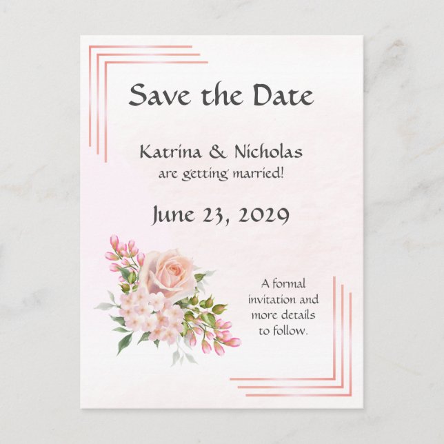 Peach Rose Elegant Wedding Save the Date Invitation Postcard (Front)