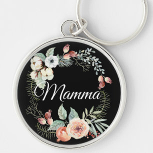 Peach Rose Floral Frame  on Black   Mom Keychain