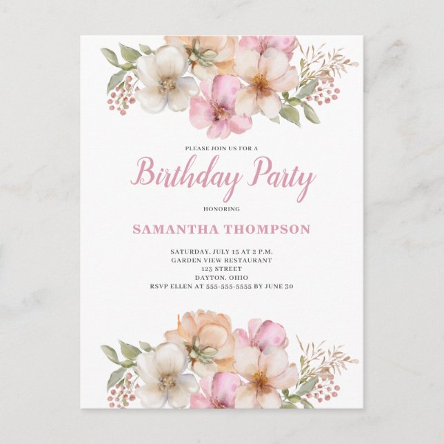 Peach rose Floral Invitation d'anniversaire (Devant)