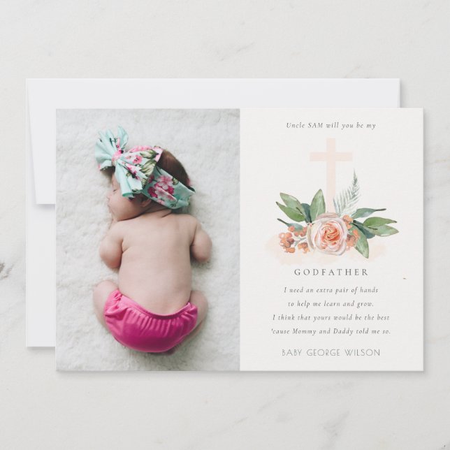 Peach Rose Floral Photo Godfather Proposal Invite (Front)