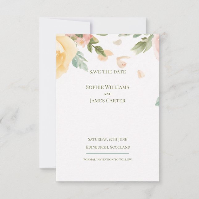 Peach Rose Floral Watercolour Scottish Wedding Save The Date (Front)
