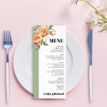 Peach rose flowers sage floral wedding menu card<br><div class="desc">Branch with peach rose flowers sage wedding BUDGET menu card. This elegant wedding menu card features a branch with delicate peach rose flowers. Placed in the upper left corner, the peach roses add a soft and romantic touch to the design, while the sage green border on the left side exudes...</div>