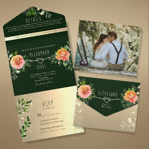 Peach Rose Flowers Wedding All In One Invitation