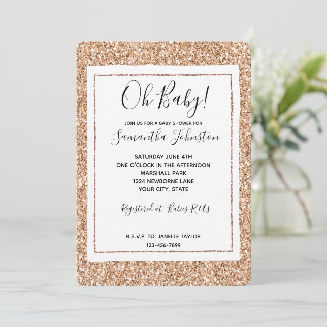 Peach Rose Gold Blush Glitter Glitz Invitation (Standing Front)