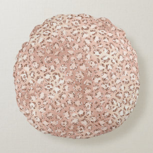 Peach Rose Gold Blush Pink Glitz Leopard Print   Round Pillow