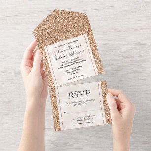 Peach Rose Gold Blush White Glitter Glitz   All In One Invitation