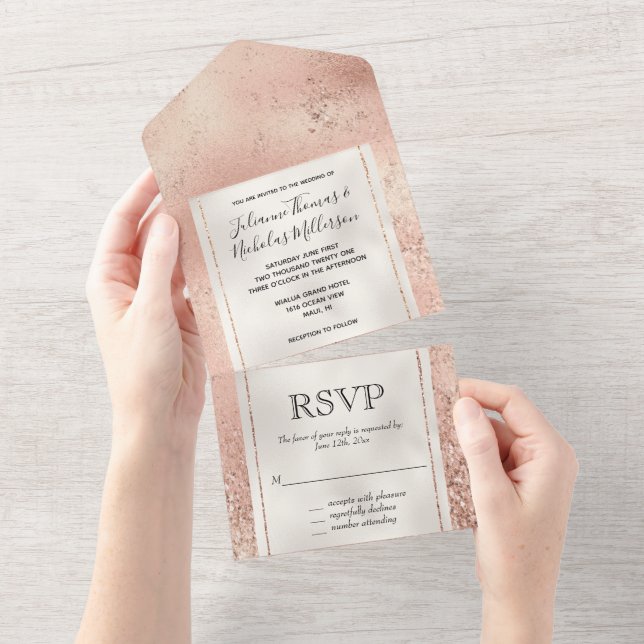 Peach Rose Gold Glitzy Glitter Luxe White  All In One Invitation (Tearaway)