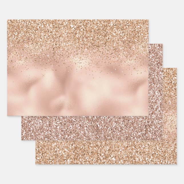 Peach Rose Gold Glitzy Glitter      Wrapping Paper Sheet (Set)